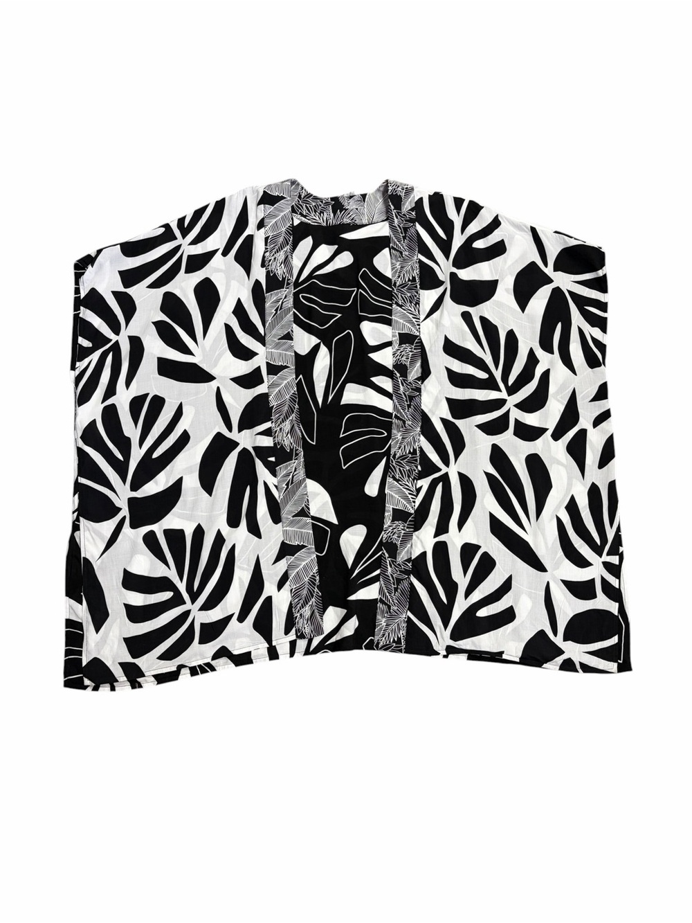 Chicos‎ Womens L/XL Kimono Wrap Black White Monstera Tropical Leaf Print Rayon